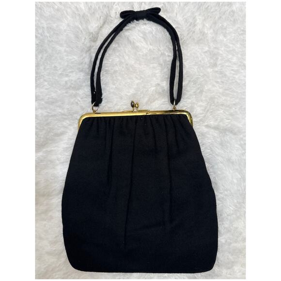 Vintage 1940s Ingber Black Fabric Evening Bag w/ Bow Handle & Gold Frame - Picture 2 of 16